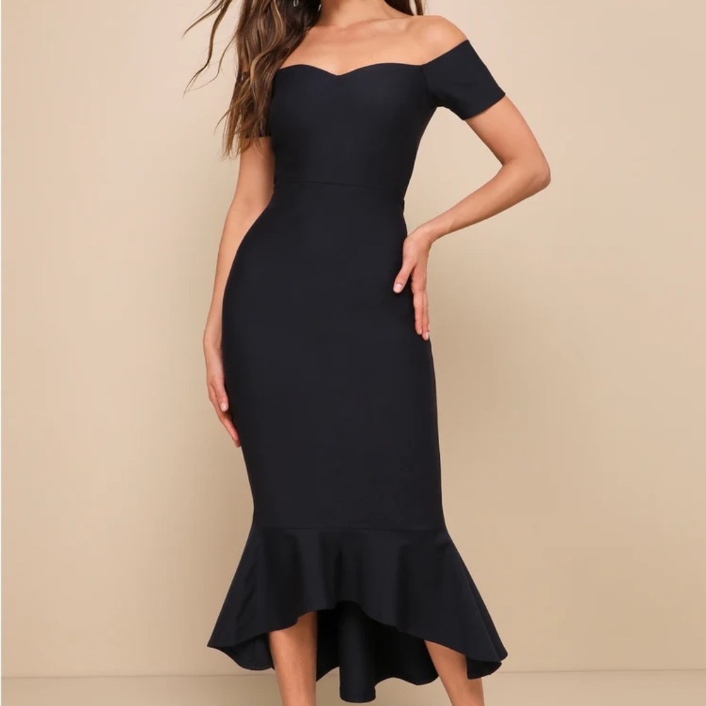 Lulus How Much I Care Midnight Blue Off-the-Shoulder Midi Dress